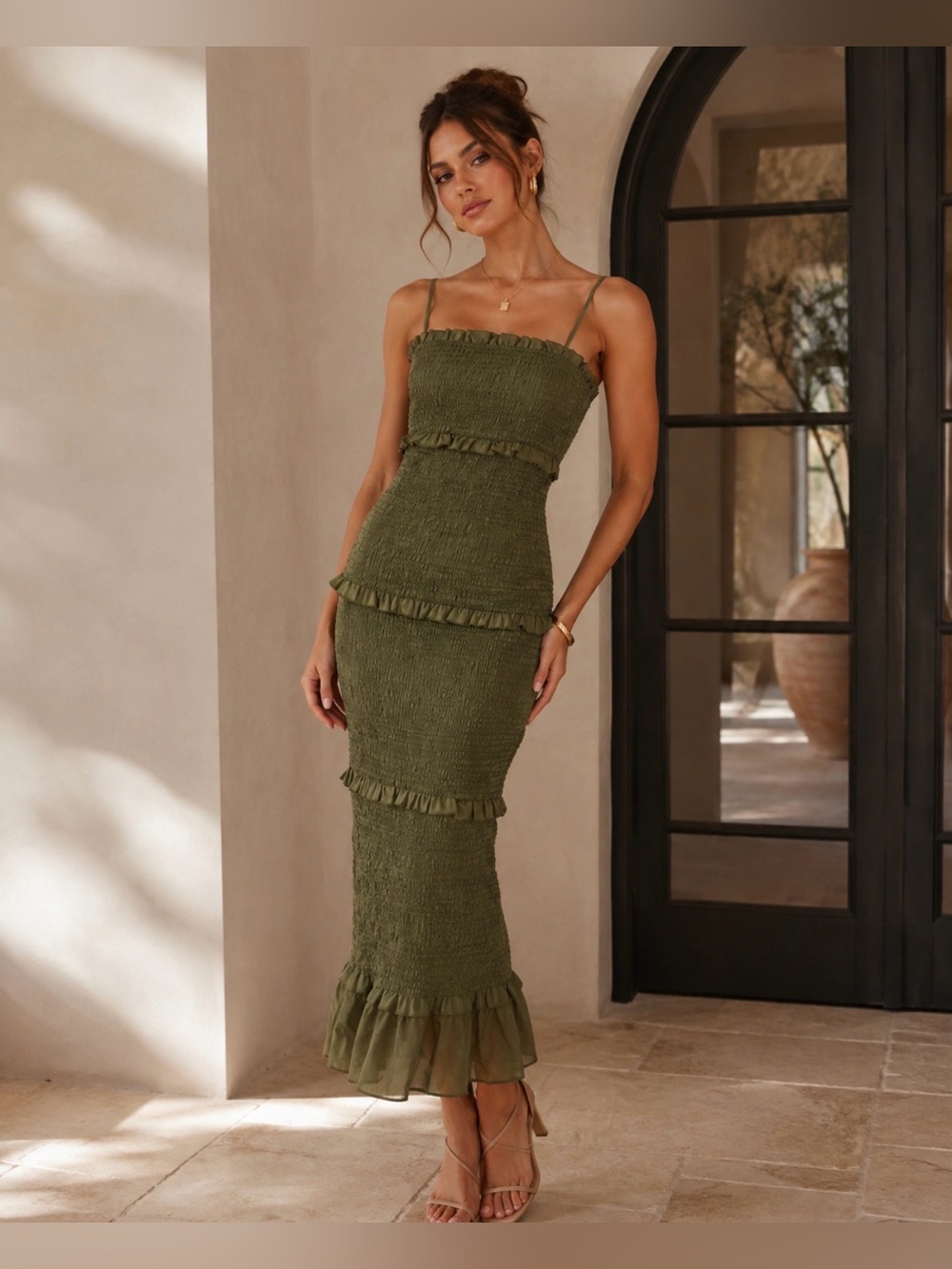 Smocked MABLE Olive Green Ruffle Maxi Dress with Spaghetti Straps SMALL